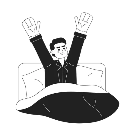 Homem feliz acordando na cama  Ilustração