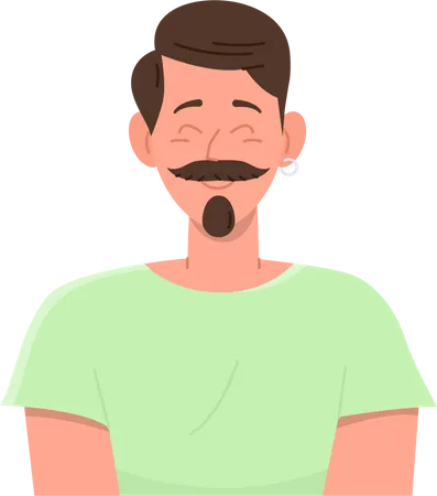 Homem feliz com bigode e barba mostrando emoção positiva, sentindo-se bem e satisfeito  Ilustração
