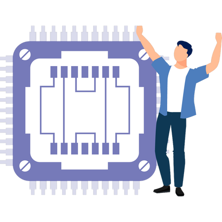 Homem feliz com engenharia de microchip  Ilustração