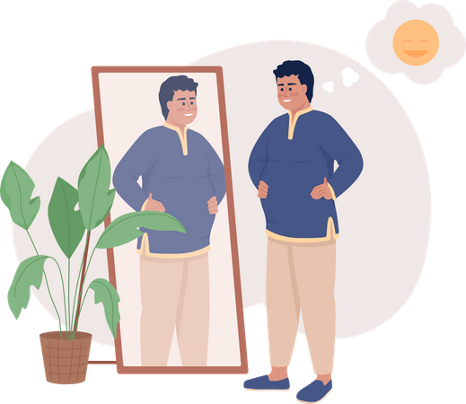 Homem feliz com excesso de peso perto do espelho  Ilustração
