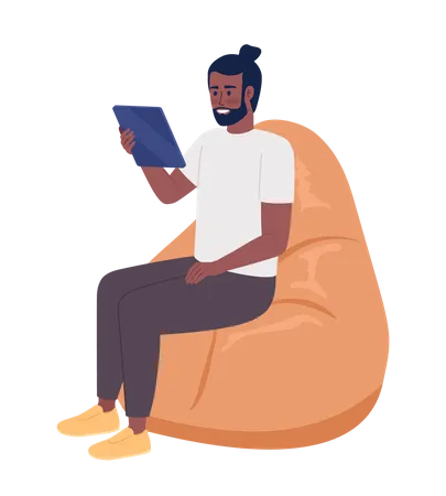 Homem feliz com tablet sentado no pufe  Ilustração