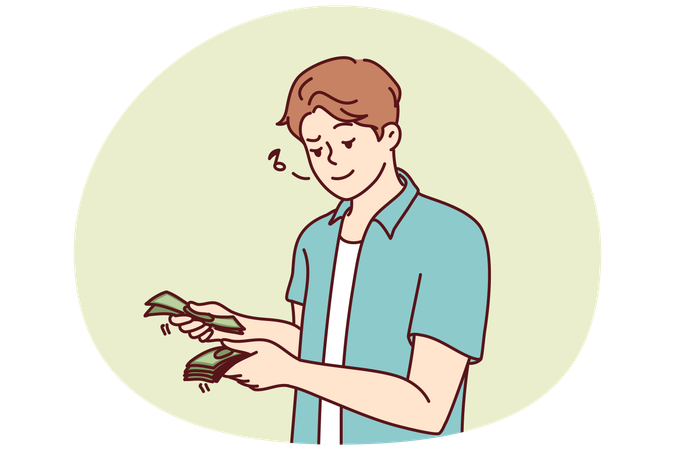 Homem feliz conta notas nas mãos  Ilustração