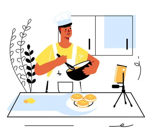 Homem feliz cozinhando pratos na cozinha em streaming de vídeo  Ilustração