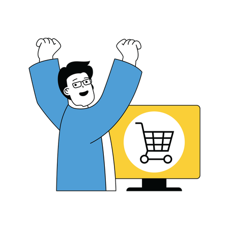 Homem feliz depois de fazer compras online  Ilustração