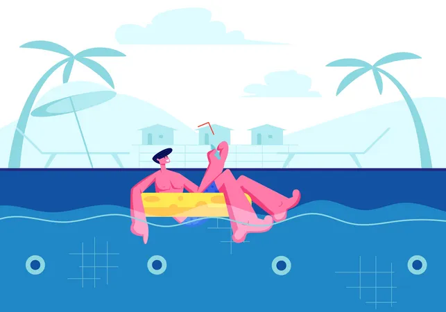 Homem feliz desfrutando de um coquetel e flutuando em um anel inflável na piscina  Ilustração