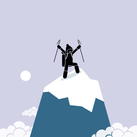 Homem feliz sobe com sucesso no topo da montanha  Ilustração