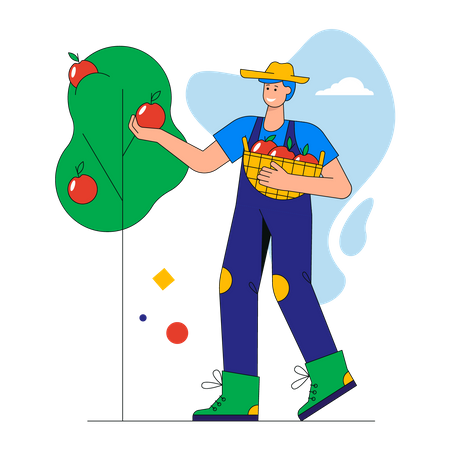 Agricultor feliz colhendo maçãs na cesta  Ilustração