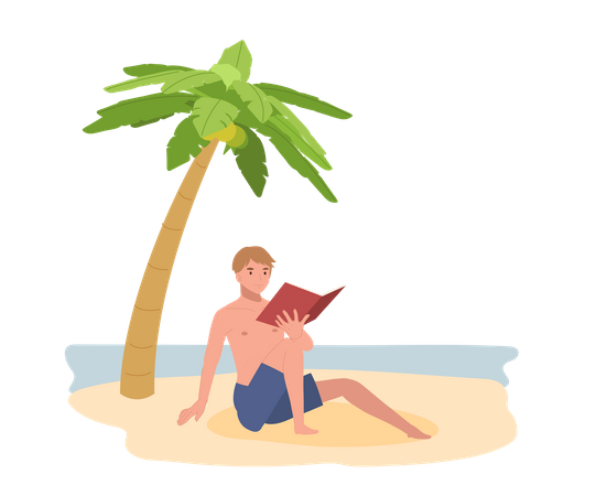 Homem feliz na praia enquanto lê o livro  Ilustração