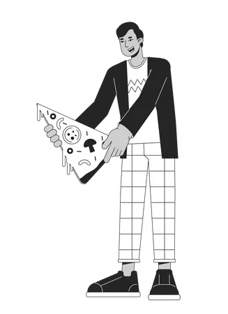 Homem feliz segurando uma fatia de pizza  Ilustração