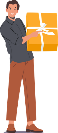 Homem feliz segurando uma grande caixa de presente  Ilustração