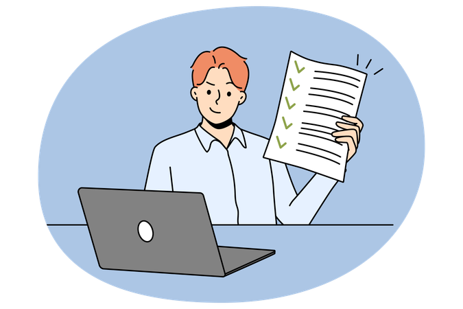 Homem feliz sentado na mesa mostrando documento com todas as tarefas concluídas  Ilustração