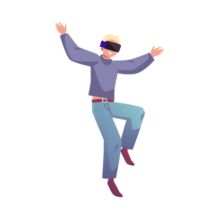 Homem feliz voando com óculos de realidade virtual  Ilustração