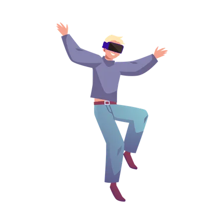 Homem feliz voando com óculos de realidade virtual  Ilustração