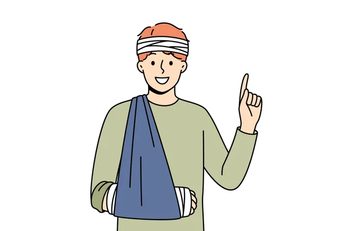 Homem ferido com a cabeça enfaixada e a mão apontando o dedo para cima recomendando obter seguro de saúde  Ilustração