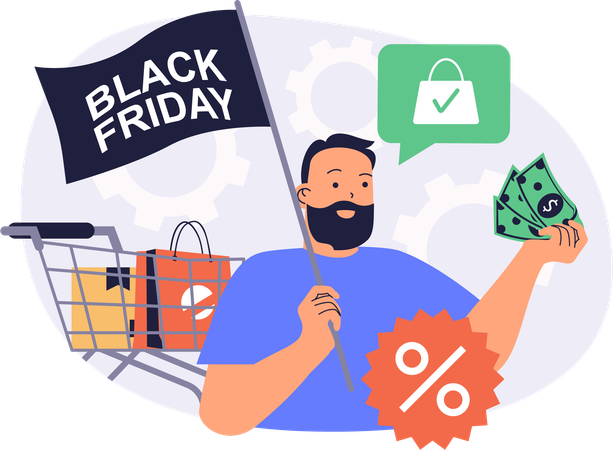 Homem faz compras com desconto na Black Friday  Ilustração