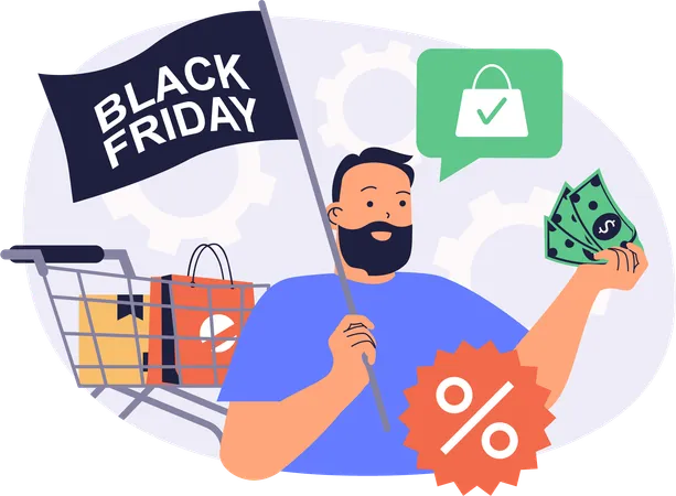 Homem faz compras com desconto na Black Friday  Ilustração