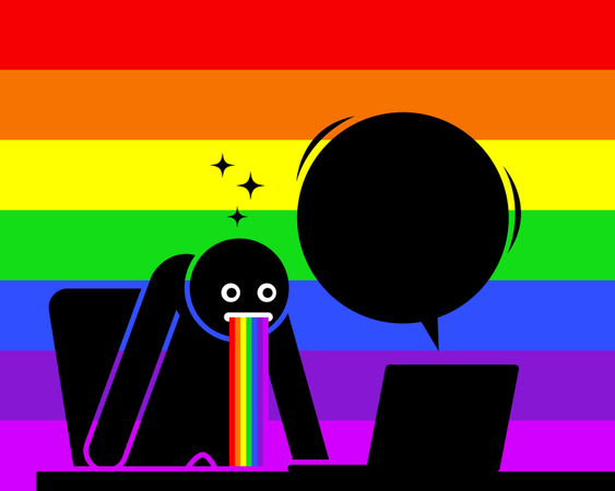 Homem fica surpreso e vomitando saliva de arco-íris com o conteúdo que vê na tela do computador  Ilustração
