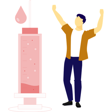 Homem fica feliz com seringa de sangue  Ilustração