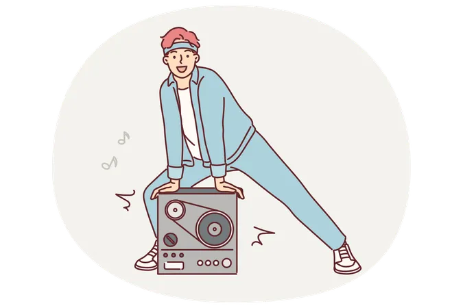 Homem fica perto de gravador retrô para tocar música de fita e convida para festa no estilo dos anos 90  Ilustração