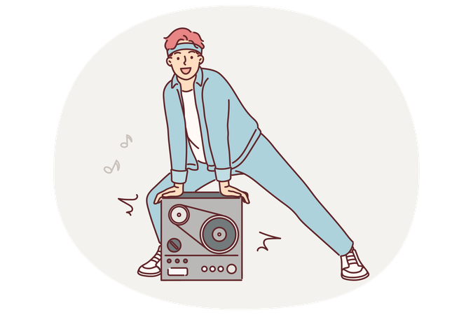 Homem fica perto de gravador retrô para tocar música de fita e convida para festa no estilo dos anos 90  Illustration