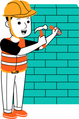 Homem consertando prego na parede de tijolos  Ilustração