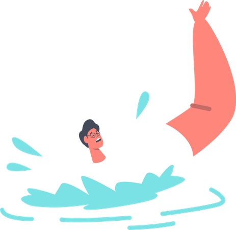 Homem flutuando na água pedindo ajuda  Ilustração