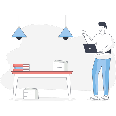 Homem focado em um laptop em um escritório cercado por livros e lâmpadas, criando um ambiente de trabalho produtivo  Ilustração