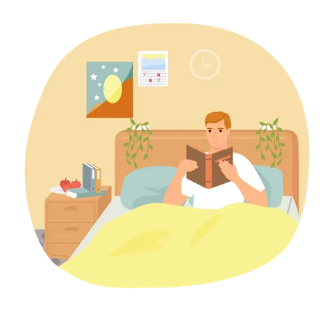 Homem bonito de pijama lendo literatura  Ilustração