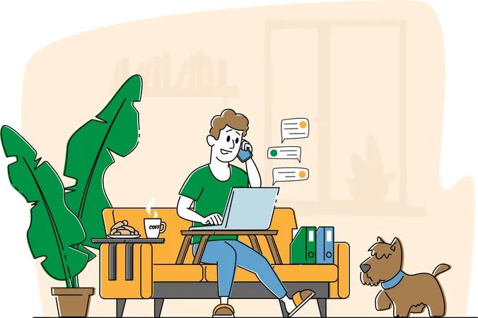 Homem freelancer sentado no sofá trabalhando longe de casa no laptop  Ilustração