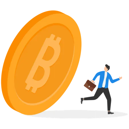 Homem fugindo de um bitcoin gigante em queda  Ilustração