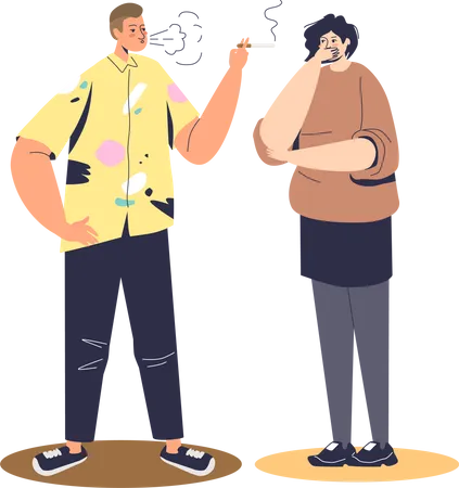 Homem Fumando Cigarro Perto De Tossir E Cobrir O Rosto Da Mulher Conceito De Fumante Passivo Personagem Feminina De Desenho Animado Que Sofre De Fumaca De Cigarro Ilustracao Vetorial Plana Ilustração