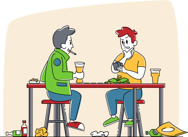 Homem fumando e jogando cartas sentado à mesa com garrafas de bebidas alcoólicas  Ilustração