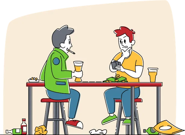 Homem fumando e jogando cartas sentado à mesa com garrafas de bebidas alcoólicas  Ilustração