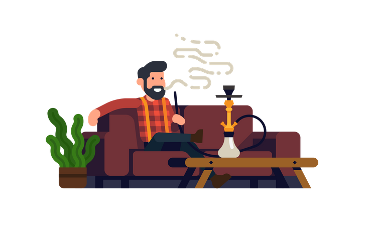 Homem fumando narguilé enquanto está sentado no sofá  Ilustração