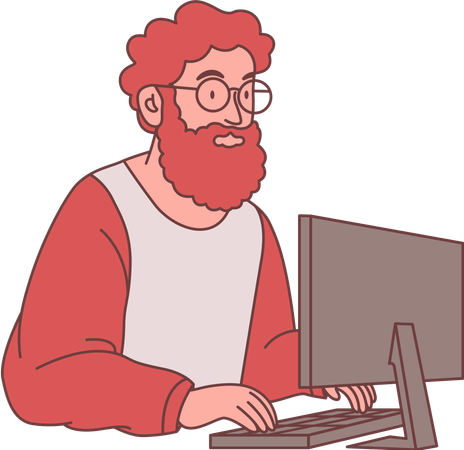 Personagem de funcionário autônomo usando óculos trabalhando com computador  Ilustração