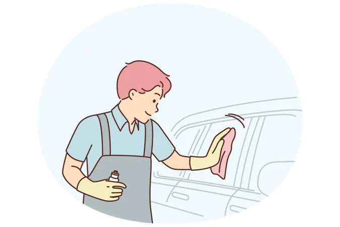 Funcionário de lavagem de carros lustra vidro de sedã usando spray especial para dar brilho e repelir água  Ilustração