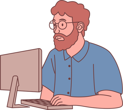 Personagem de funcionário homem usando óculos trabalhando com computador  Ilustração