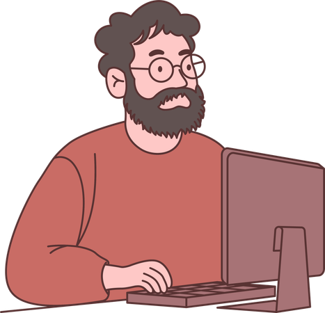 Personagem de funcionário homem usando óculos trabalhando com computador  Ilustração