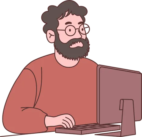 Personagem de funcionário homem usando óculos trabalhando com computador  Ilustração