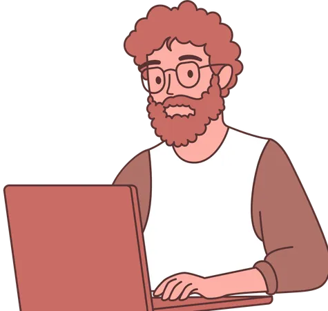 Personagem de funcionário homem usando óculos trabalhando com computador  Ilustração