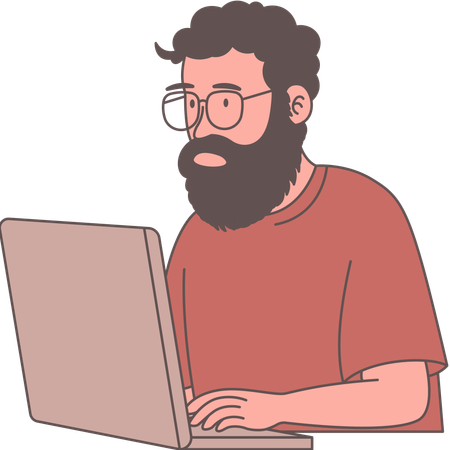 Personagem de funcionário homem usando óculos trabalhando com computador  Ilustração