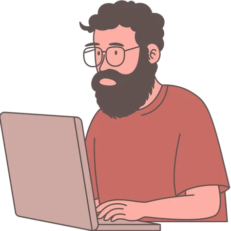 Personagem de funcionário homem usando óculos trabalhando com computador  Ilustração