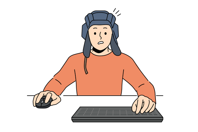 Homem jogador joga tanques no computador e está sentado à mesa com teclado e usa capacete de petroleiro  Ilustração