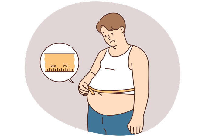 Homem gordo chateado mede barriga com fita sofre de excesso de peso  Ilustração