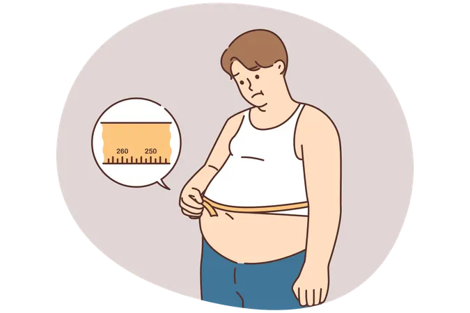 Homem gordo chateado mede barriga com fita sofre de excesso de peso  Ilustração