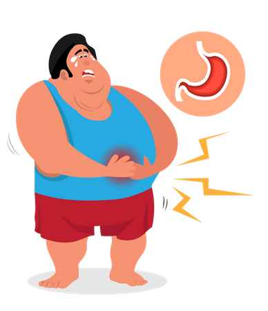 Homem gordo com dor de estômago, gastrite, doença gastrointestinal devido a não comer comida na hora certa  Ilustração