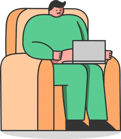 Homem gordo com laptop sentado em uma poltrona  Ilustração