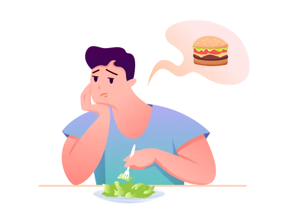 Homem gordo comendo comida saudável  Ilustração