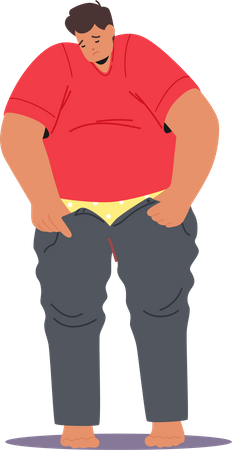 Homem gordo luta contra zíper em calças justas  Ilustração
