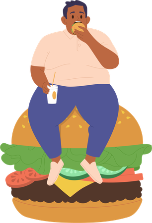 Homem gordo sentado em um hambúrguer enorme e comendo fast food pouco saudável  Ilustração